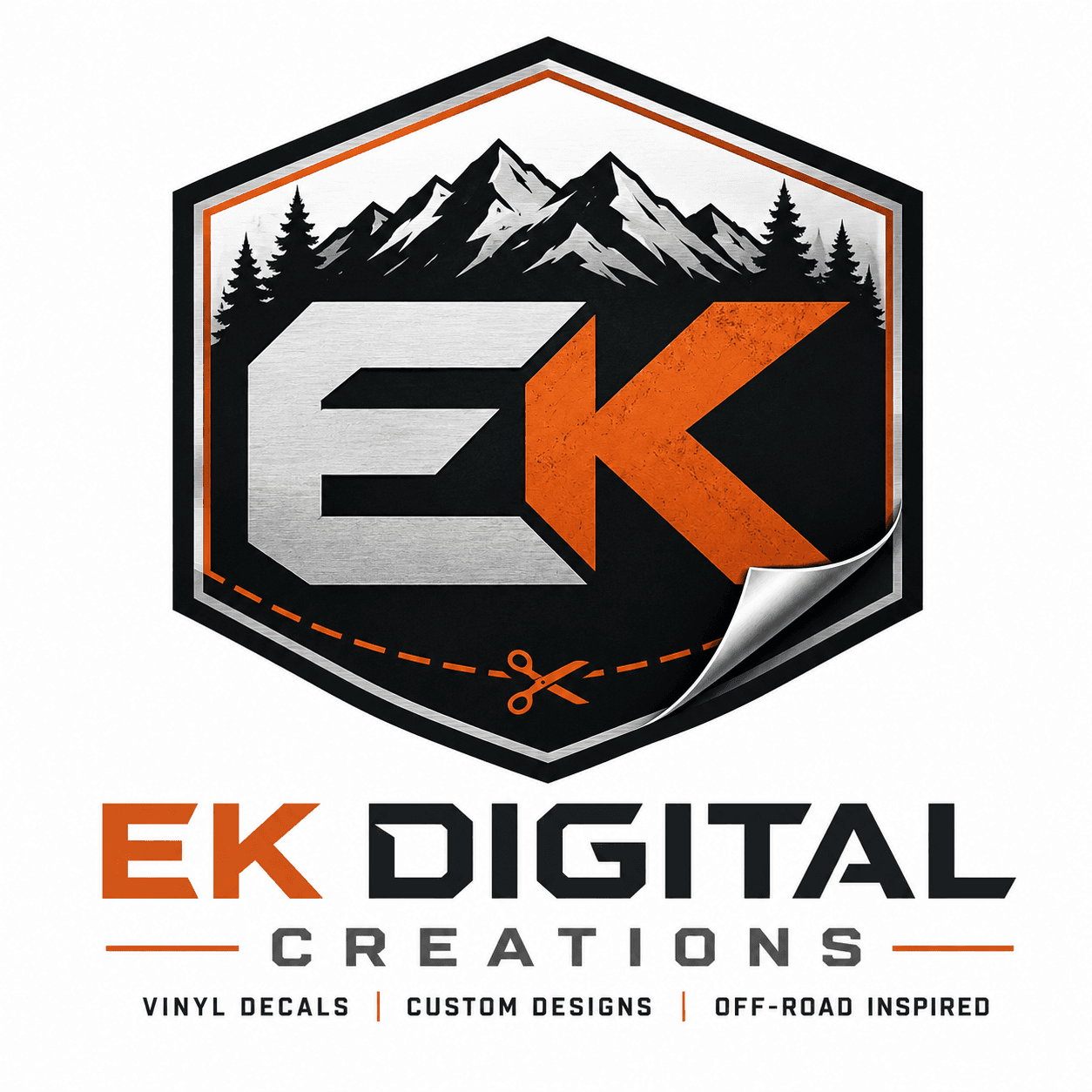 EK Digital Creations badge with mountains, EK lettering, vinyl peel, and scissors
